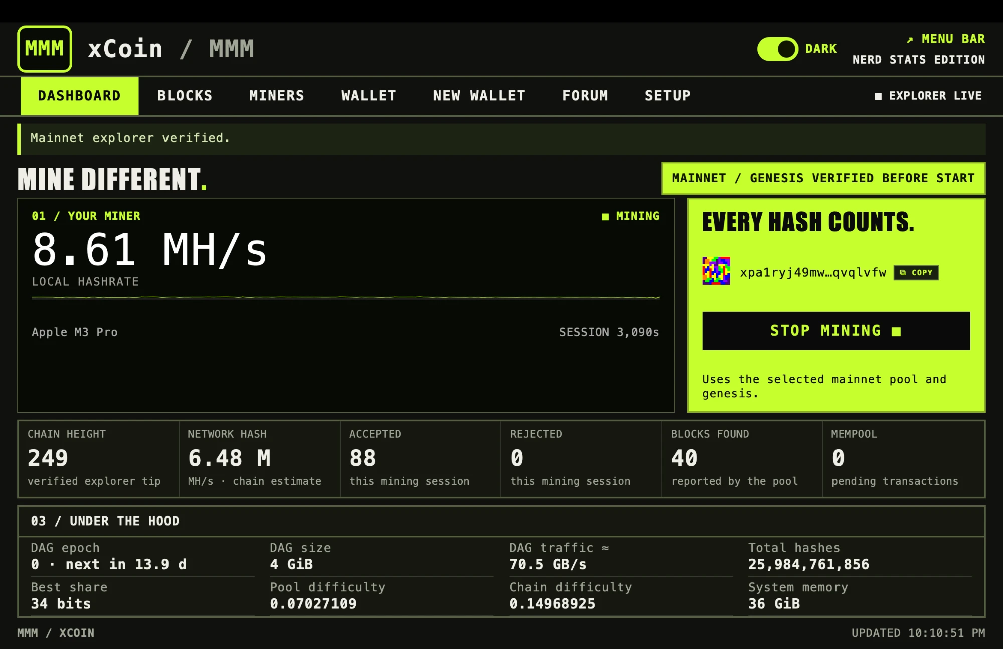 MMM dashboard mining xCoin mainnet on an Apple M3 Pro: 8.61 MH/s local hashrate, an xpa1r payout address, and the status line Mainnet explorer verified
